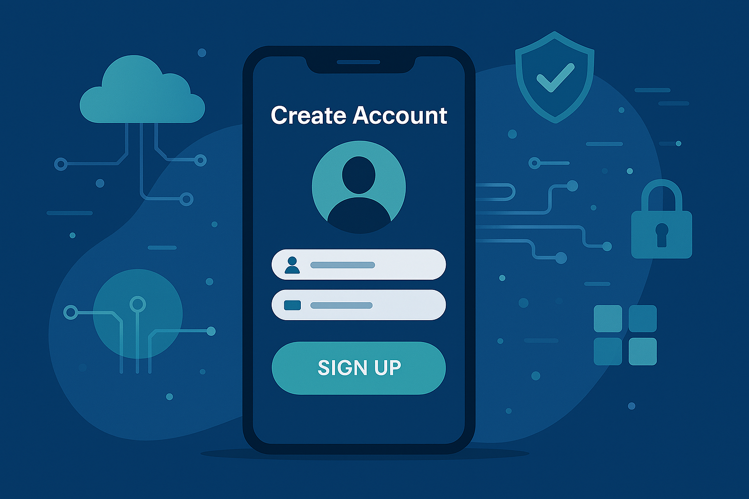 Image created by M365 Copilot that depicts a mobile phone with an account creation screen showing.